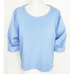 Athleta Womens HARLOW HYBRID TEE Heron Blue Top Shirt Pleated Sleeves L